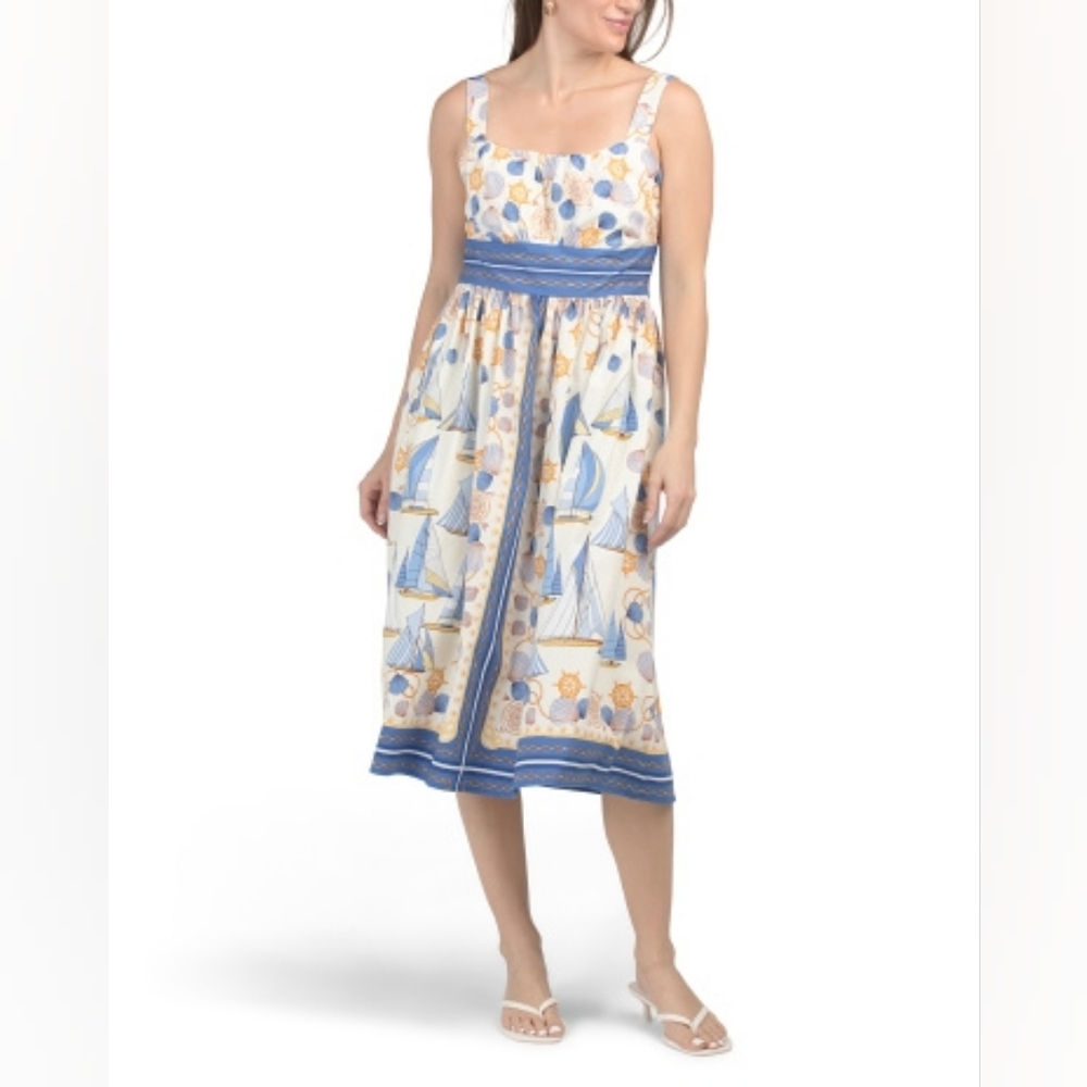 NWT - London Times Sailboat & Nautical Pattern Smocked Back Midi Dress - Size L